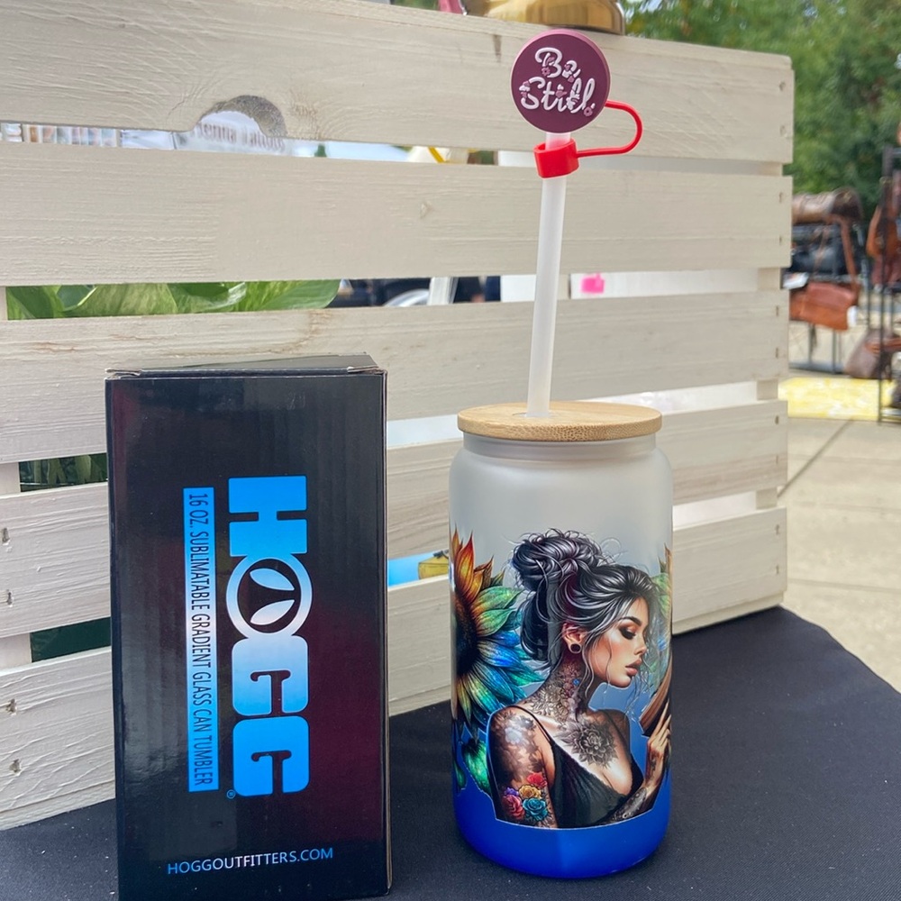 Blue ombré 16oz glass can tumbler NIB bookish theme sunflower cup